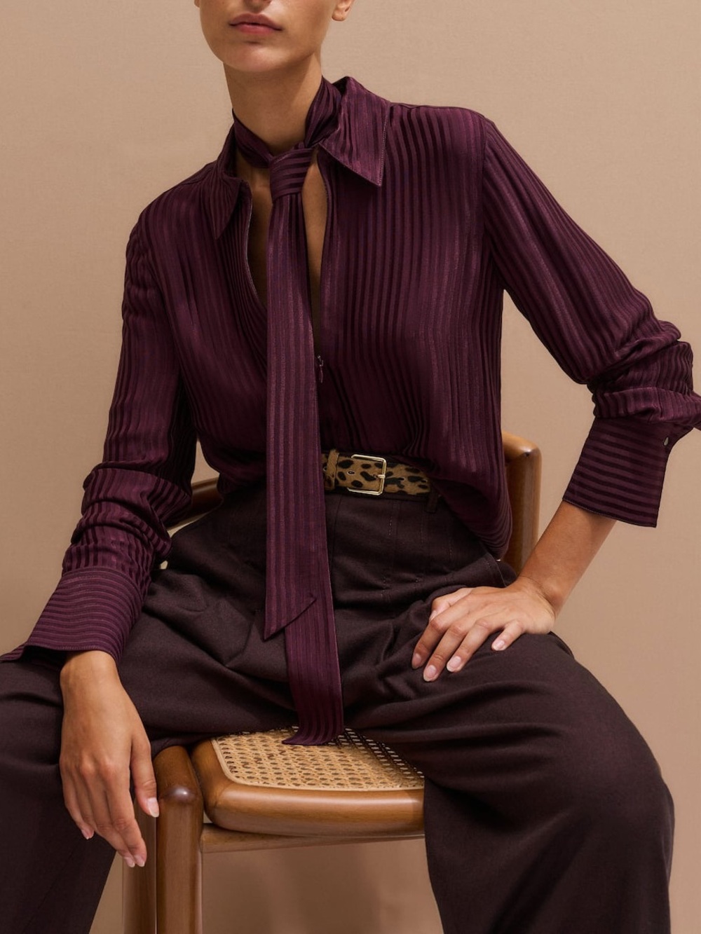ME+EM AM-PM Shirt and Tie Tonal Stripe Fluid Satin Merlot Burgundy Blouse Top 6